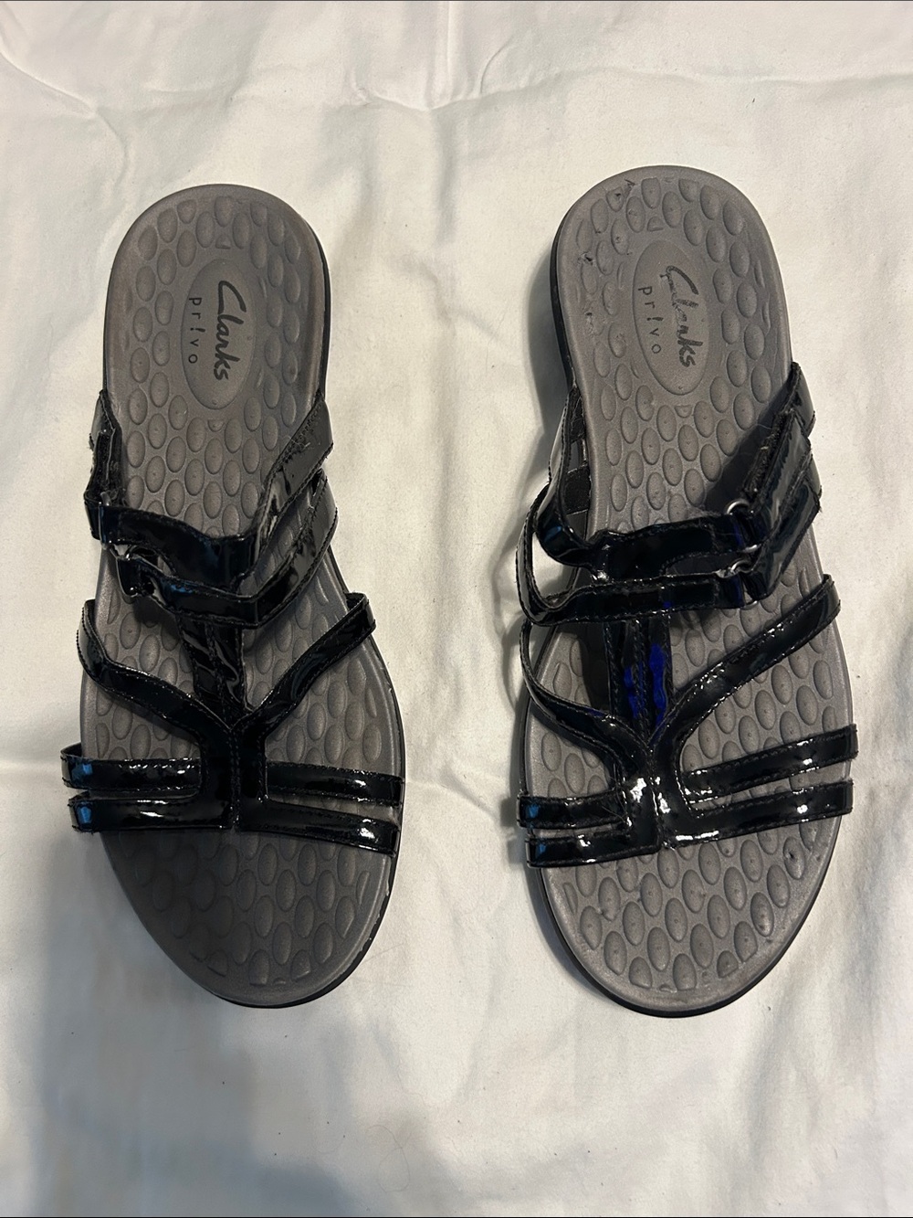 Clarks Privo Black Patent Strappy Slide Sandals